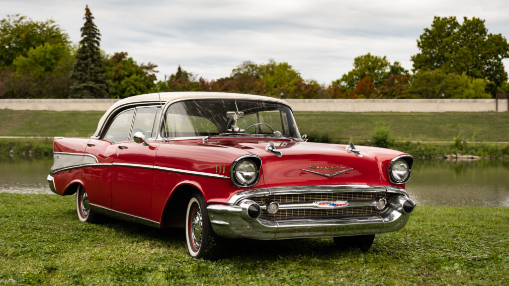 FRANKENMUTH, MI/USA – SEPTEMBER 10, 2021: A 1957 Chevrolet Bel Air car at the Frankenmuth Auto Fest, held in Heritage Park.