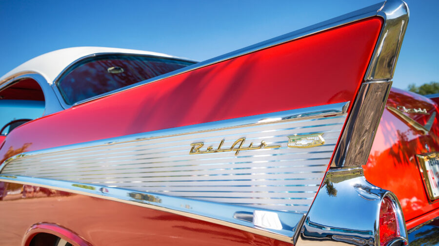 Tail fin of a red 1957 Chevrolet Bel Air classic car on October 18, 2014 in Westlake, Texas.