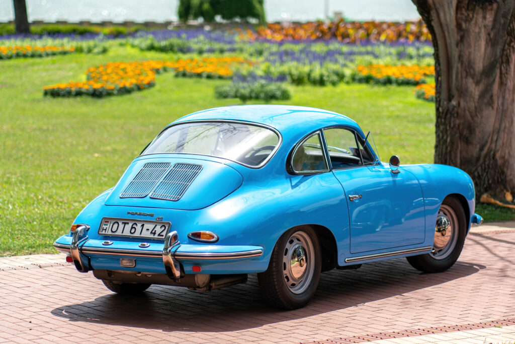 1964 Porsche 356C (with twin grilles on the engine hood) in beautiful blue color – back-side view. Palic, Serbia, 30.06.2024